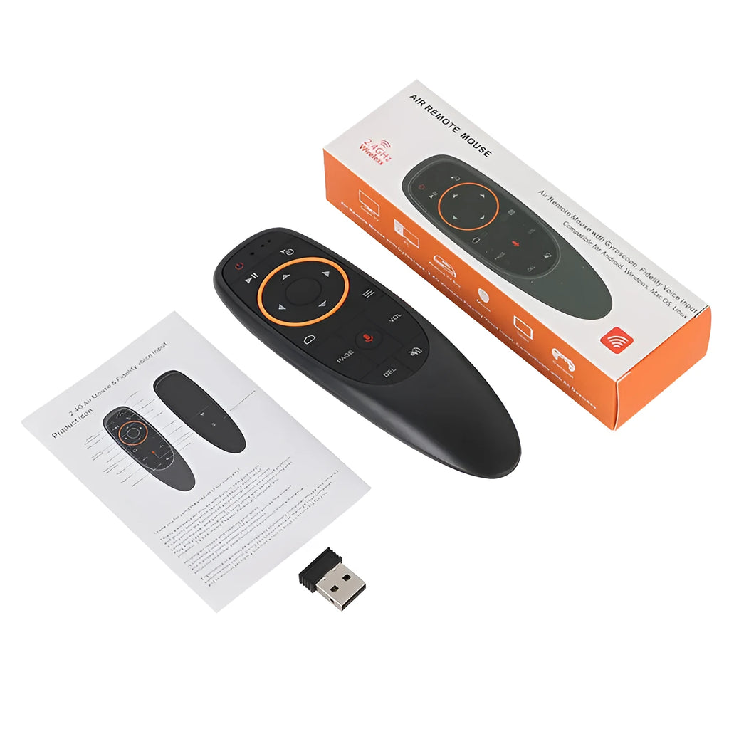 G10S Pro intelligent wireless remote control with silicone buttons, showing backlight and gyroscope for air mouse control.