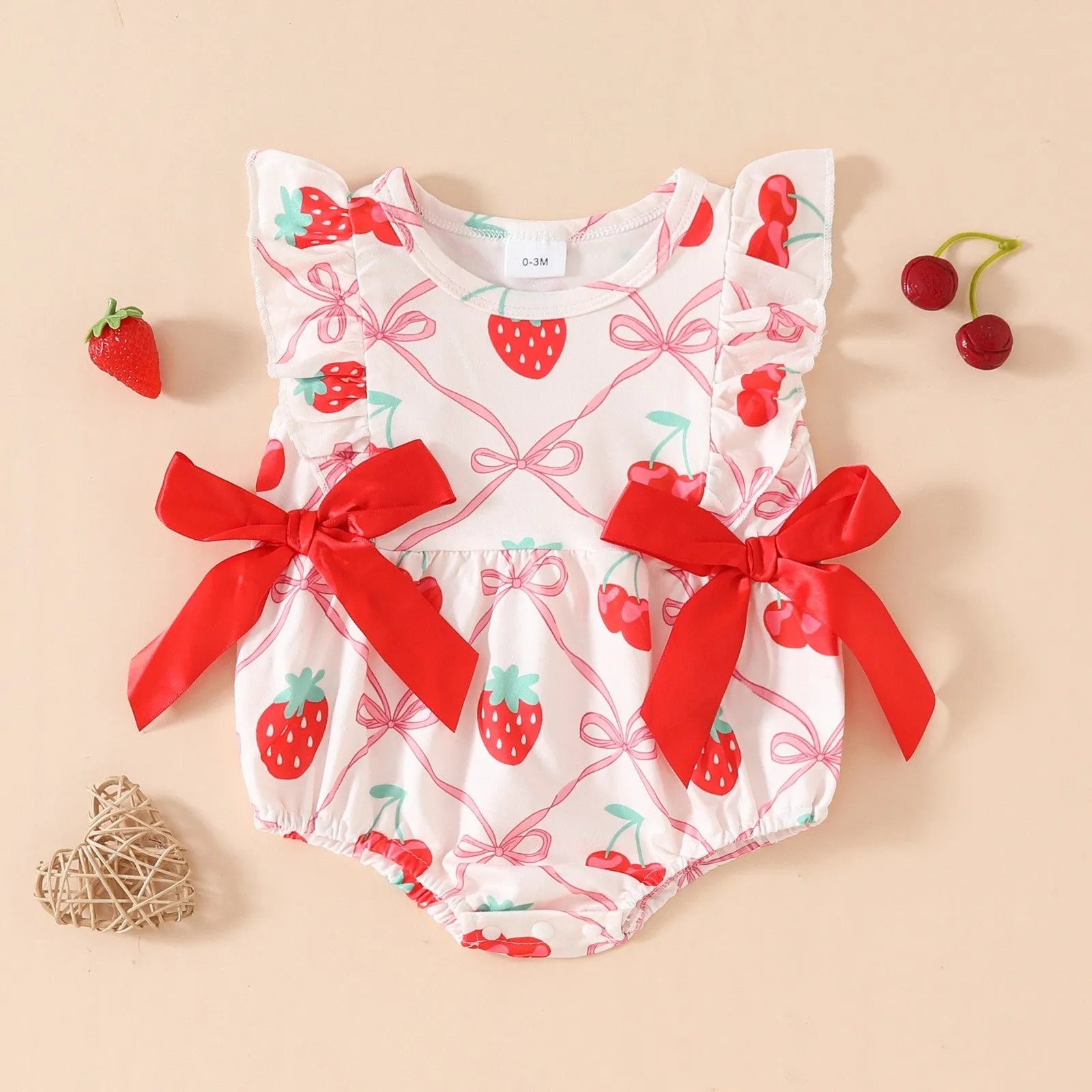 Baby girls summer romper in red knitted polyester, sleeveless triangle jumpsuit with hidden hook closure