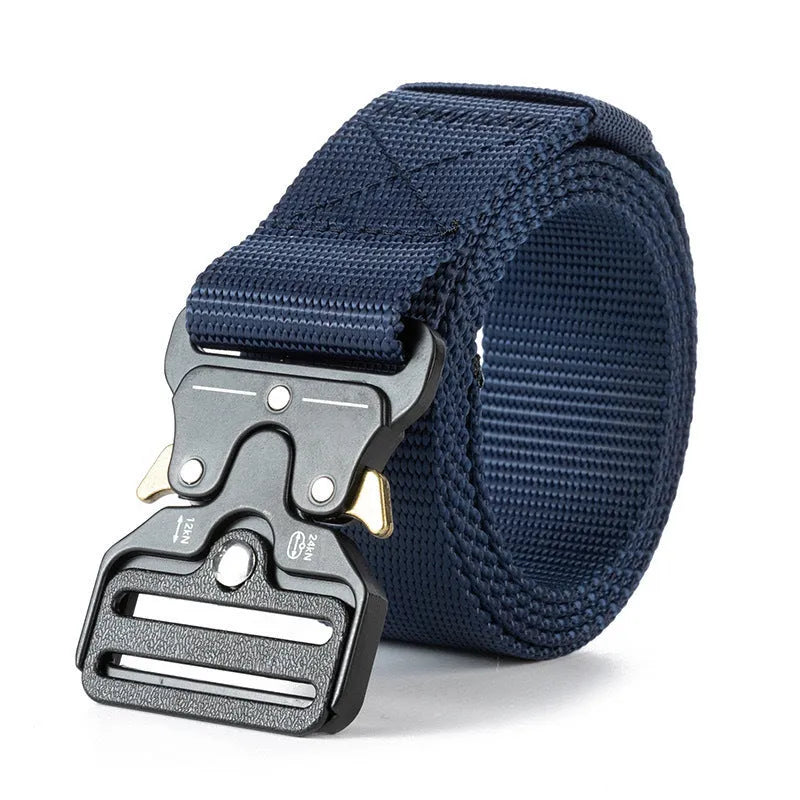 Men's thick canvas tactical belt with alloy release buckle in Army Green colour showing 120cm length.