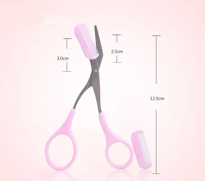 Pink eyebrow scissors and eyebrow comb set for brow shaping and grooming