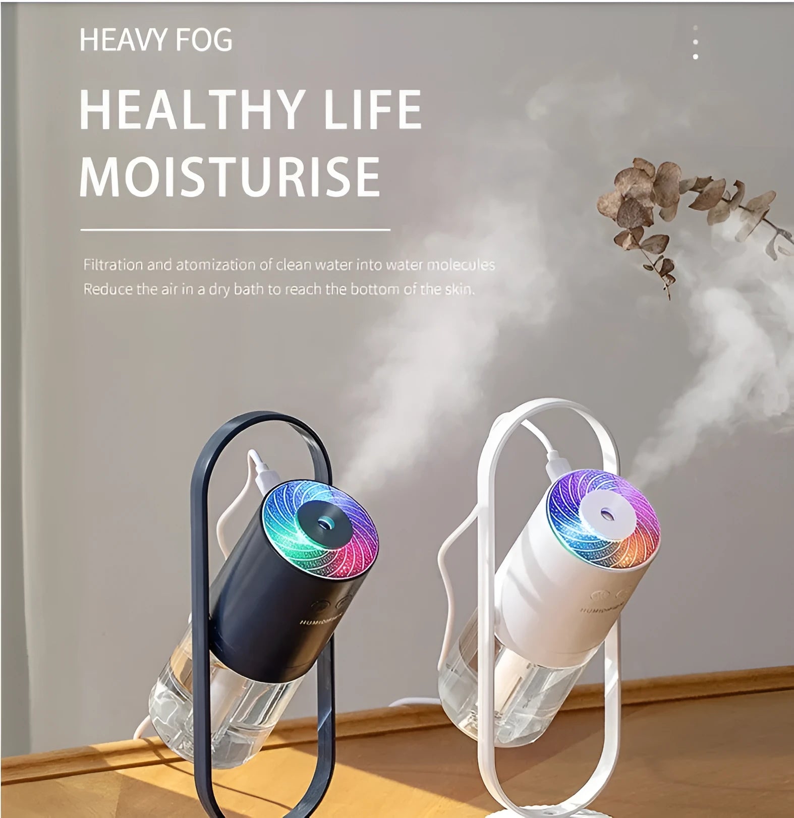 Magic Shadow USB air humidifier with projection lights in pink, blue, or white colours
