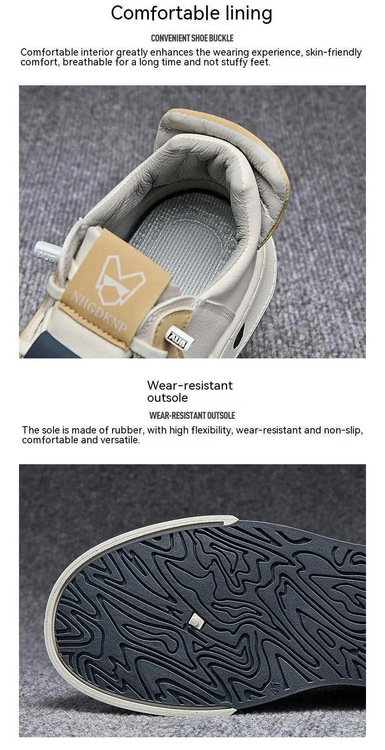 Men's beige low-top sneakers with elastic band and round toe on a flat plastic sole.