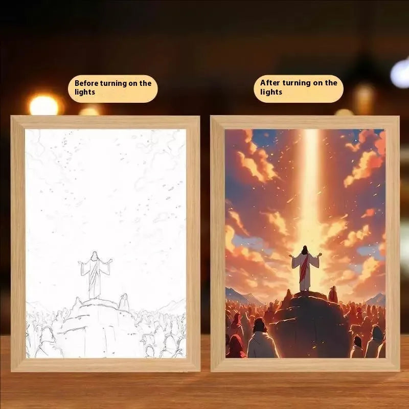 Handmade rectangular light painting photo frame showing illuminated themed artwork with USB cable