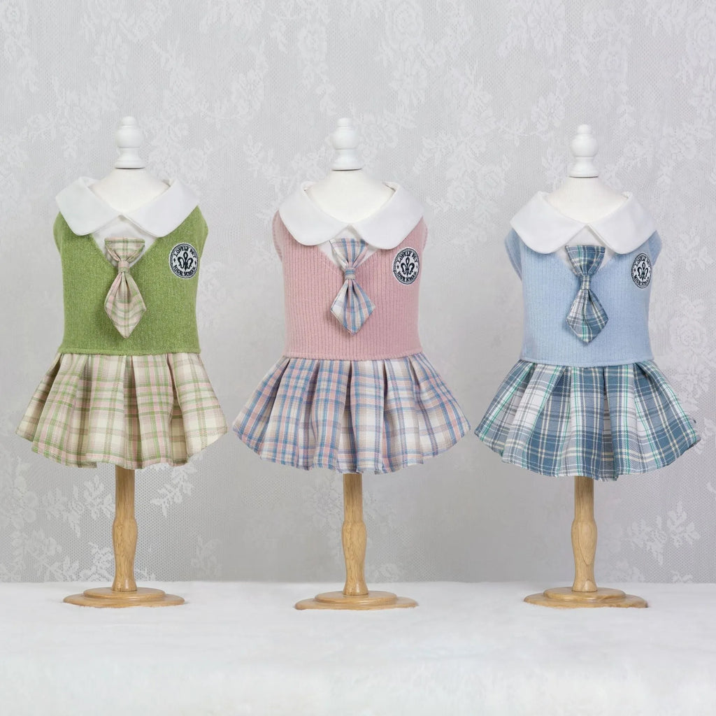 Polyester tartan skirt for pet dogs and cats in princess style with pink, blue, green colour options