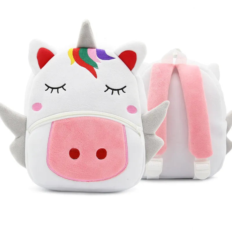 Children's plush animal backpack measuring 26x24x10cm with zipper opening and interior pocket
