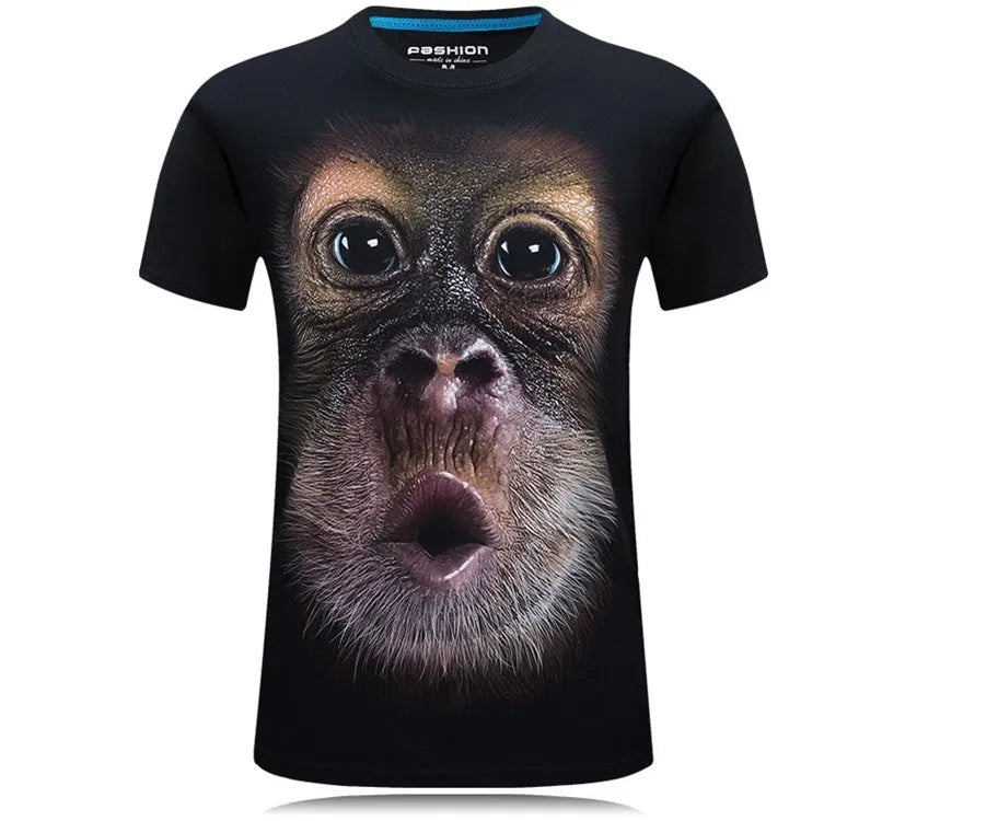 Men's short sleeve 3D gorilla print cotton t-shirt in black, straight fit, size M