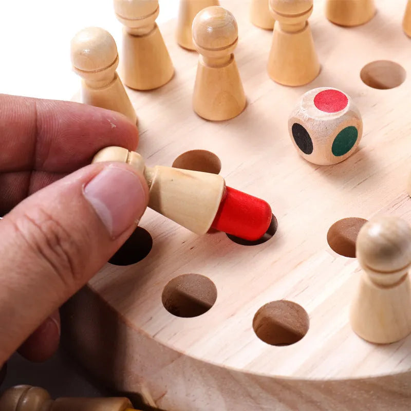 Beech wood memory chess educational game for children with colour matching pieces and storage box
