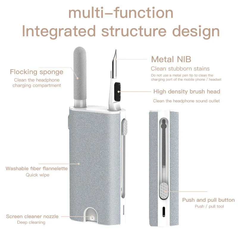 5-in-1 screen and earphone cleaning kit with integrated brush, sponge and metal tip tools