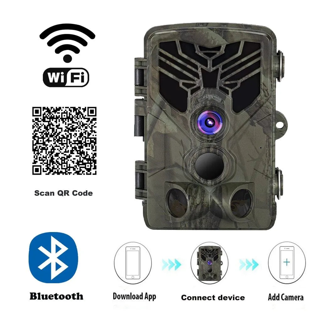 Wi-Fi830 compact trail camera showing lens, infrared LEDs, and belt mount strap.