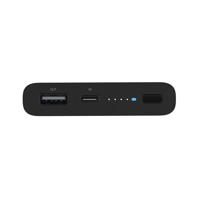 Black and white 10000mAh power bank with USB-C port and wireless charging symbol