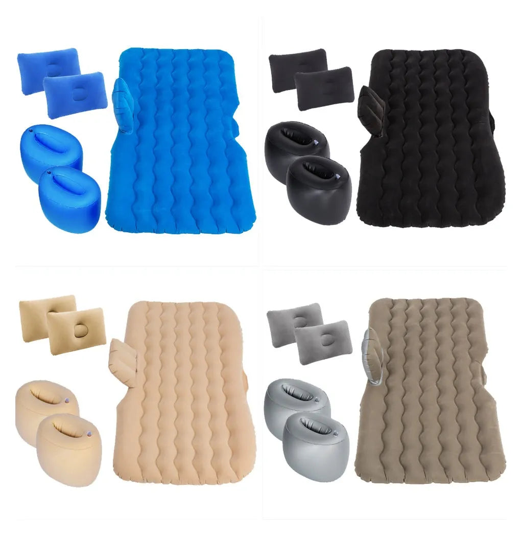 Inflatable car mattress in dark blue with flocking surface and two pillows for SUV camping