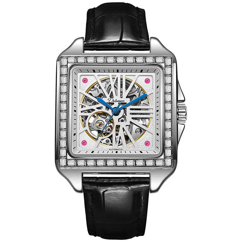 Men's square automatic watch with diamond-studded case on a black leather strap.