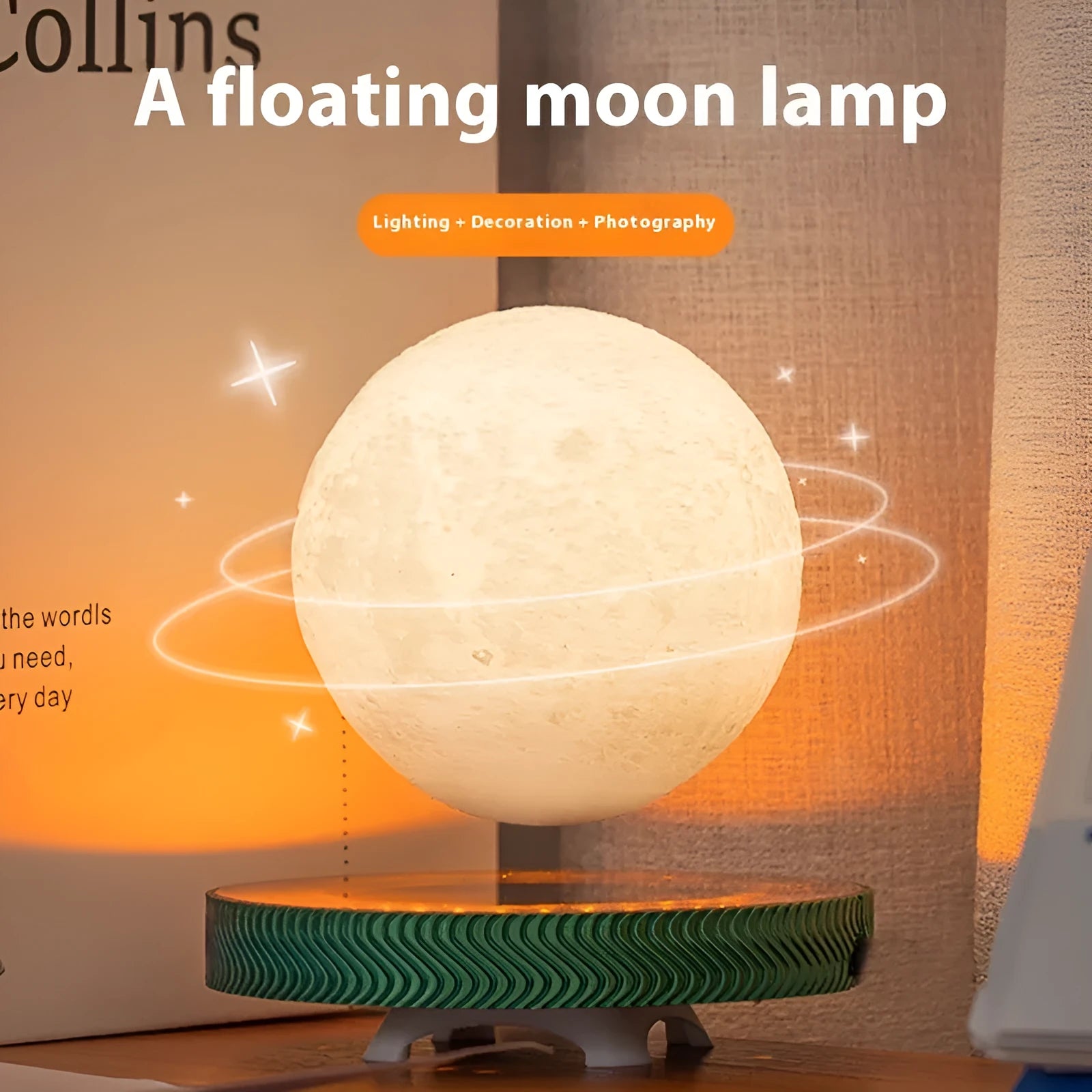 Modern magnetic suspension night lamp showing a levitating moon ornament with soft glow