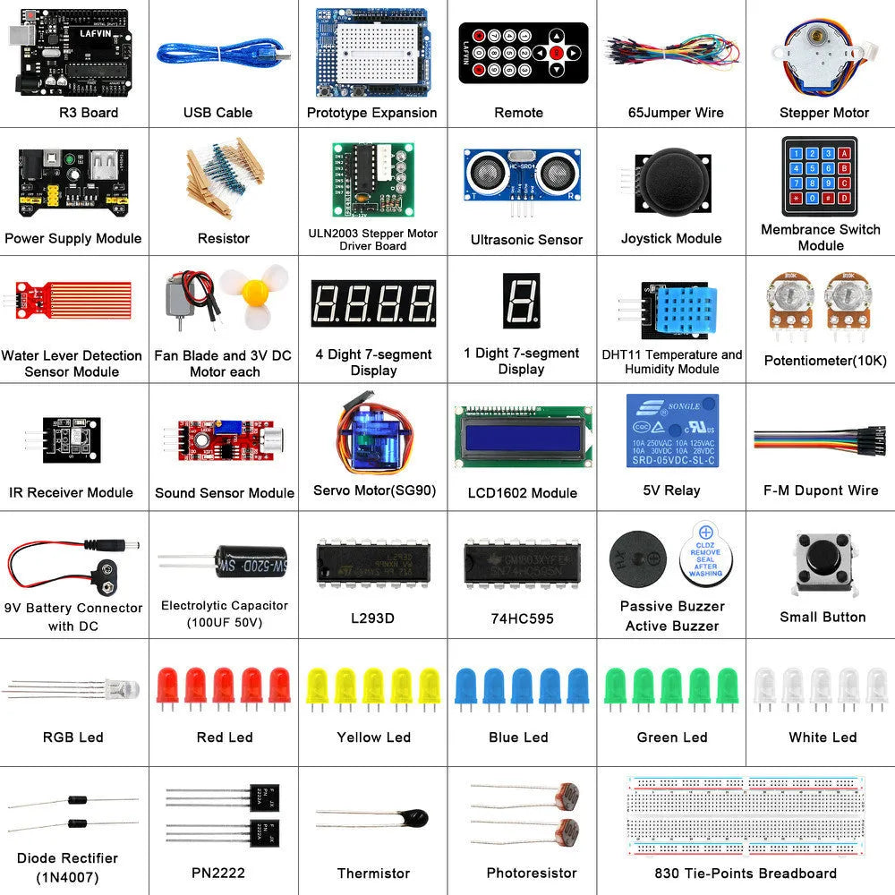 LAFVIN Arduino UNO R3 starter kit with blue board, breadboard, components, and CD