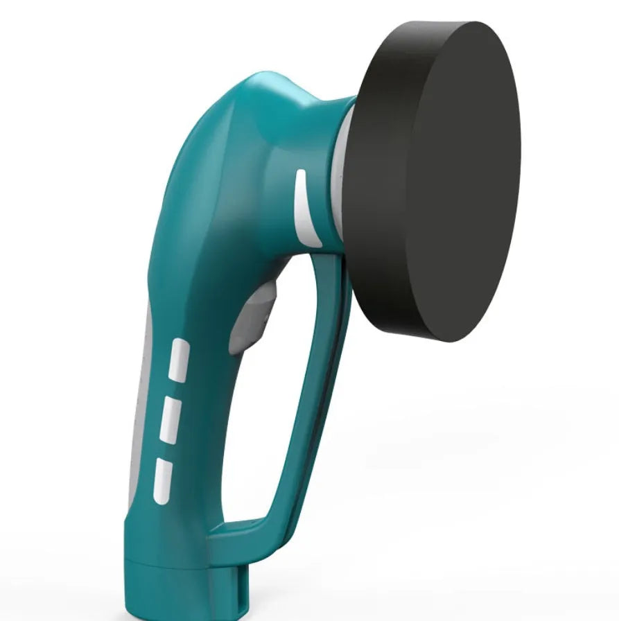 Blue 3.6V rechargeable car polishing machine with mechanical buffer pad on a garage workbench