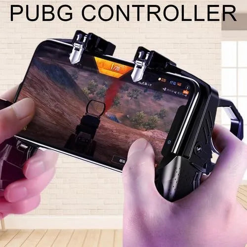 Black multi-function gamepad with zinc alloy trigger and phone holder for 4-6.5 inch smartphones.