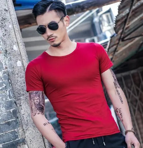 Men's bamboo fibre and polyester summer t-shirt in various colours on a hanger.