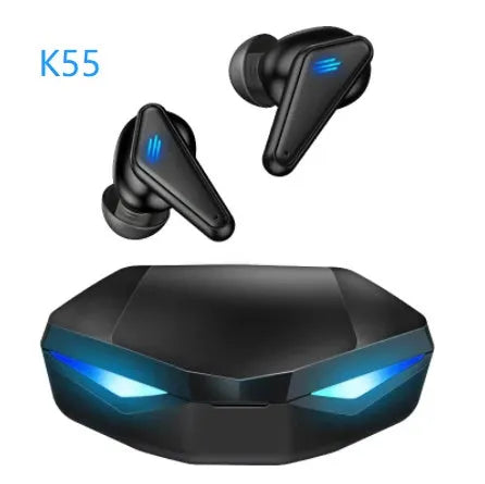 Blue Private Model K55 wireless Bluetooth gaming headset with earbud design.