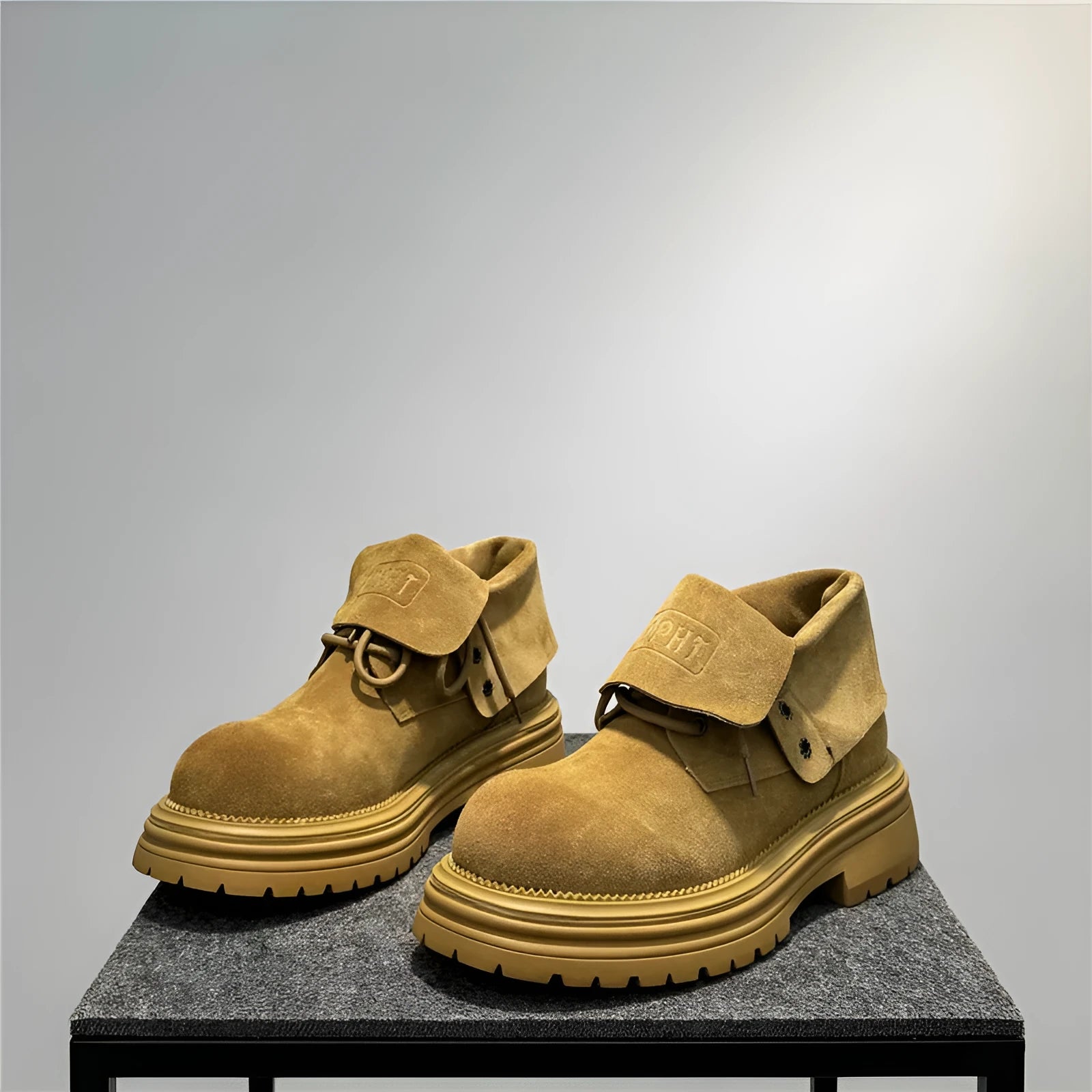 Retro distressed cow suede worker ankle boots with thick soles in camel colour.
