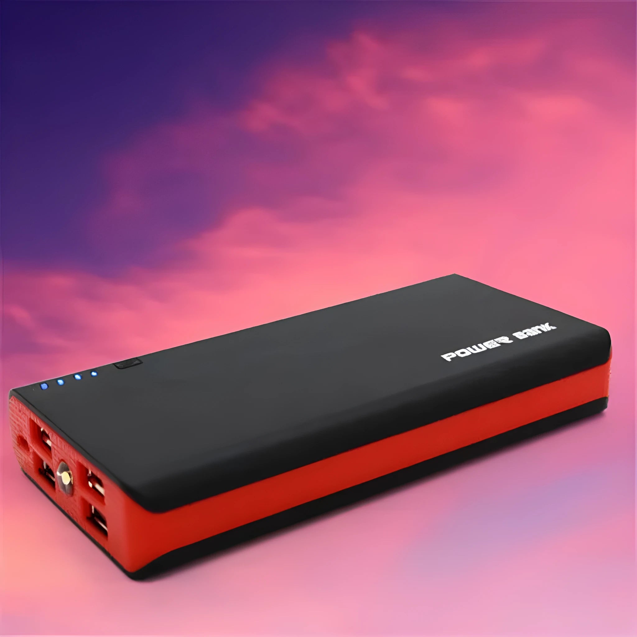 Blue 20000mAh power bank with 4U fast charging, showing dimensions and output port.