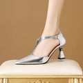 Women's pointed toe leather sandals with hollowed design in gold and silver colour options
