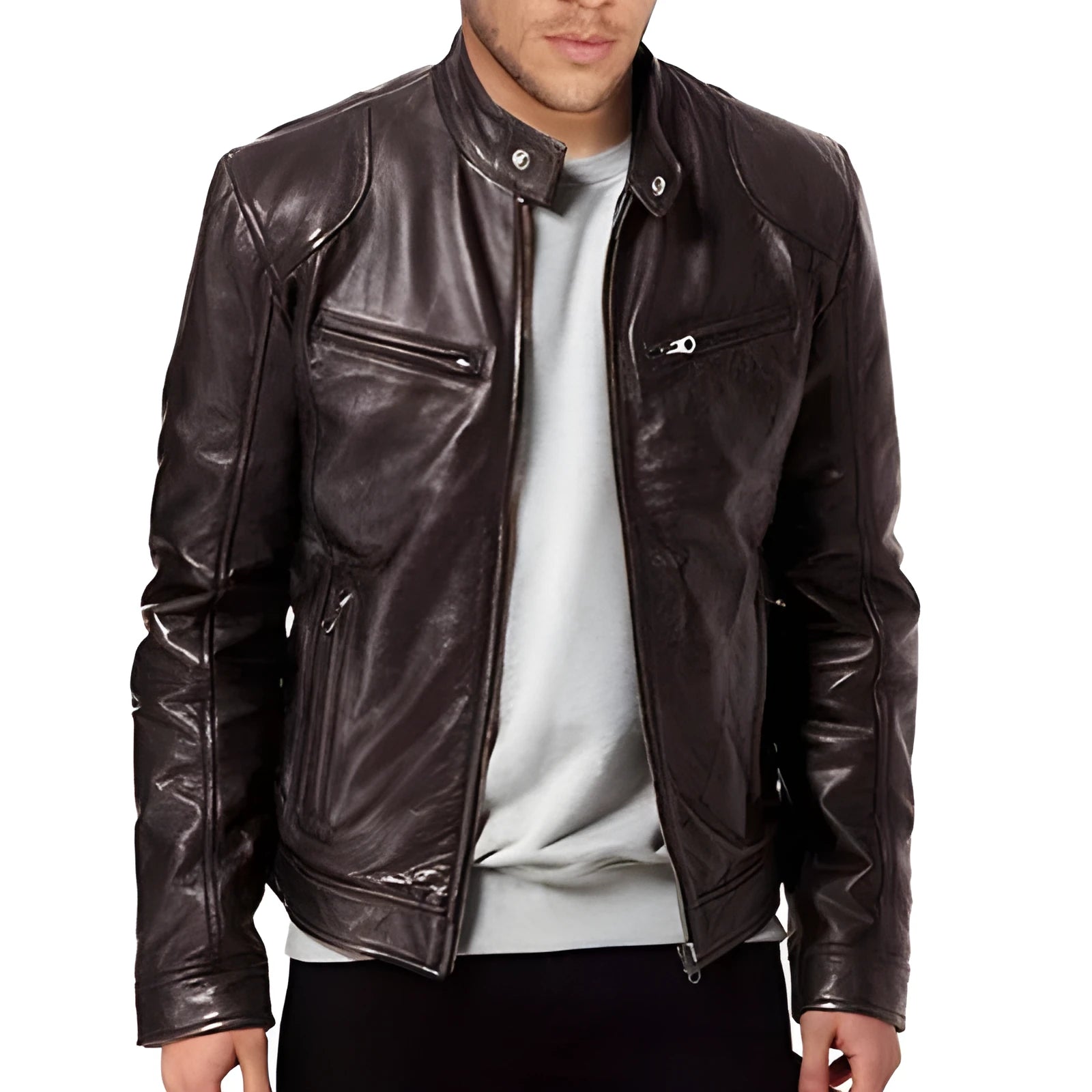 PU leather jacket slim fit zipper front in Black for men