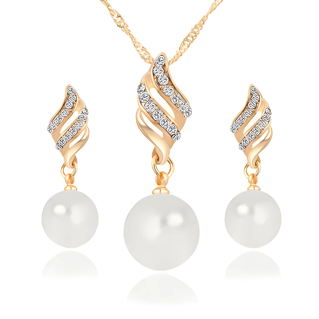 Pearl stud necklace set with mother-of-pearl pendant on water wave chain in gold finish