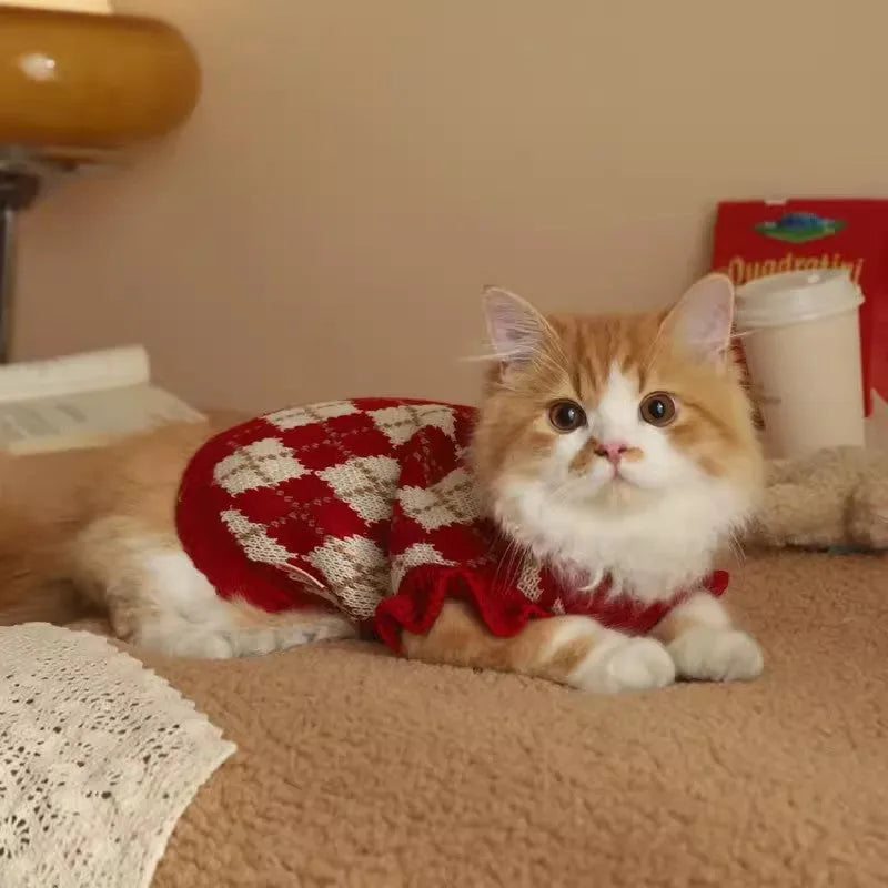 Red cat sweater with rhombic cherry embroidery, showing front view of autumn winter pet clothing