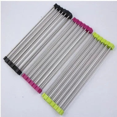 Folding stainless steel kitchen sink drying rack with multiple tubes, shown in a red finish.