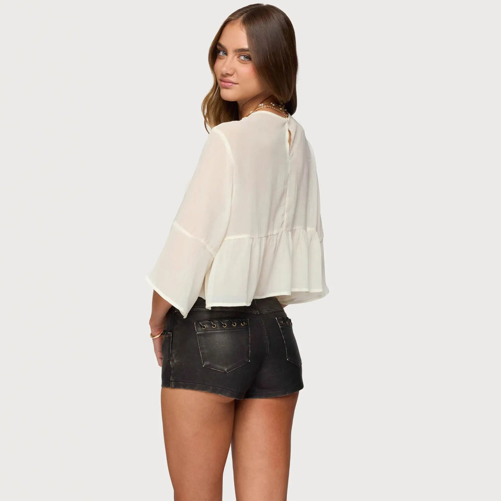 Creamy white chiffon t-shirt with batwing sleeves, short length women's top