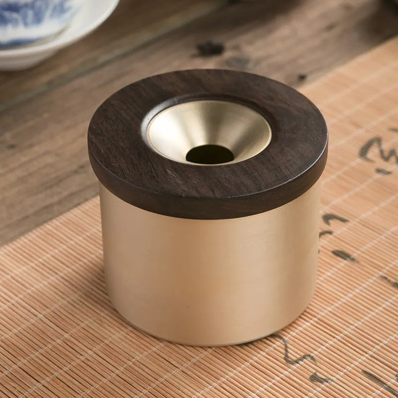 Solid copper retro ashtray with a wooden lid in black or rosewood finish.