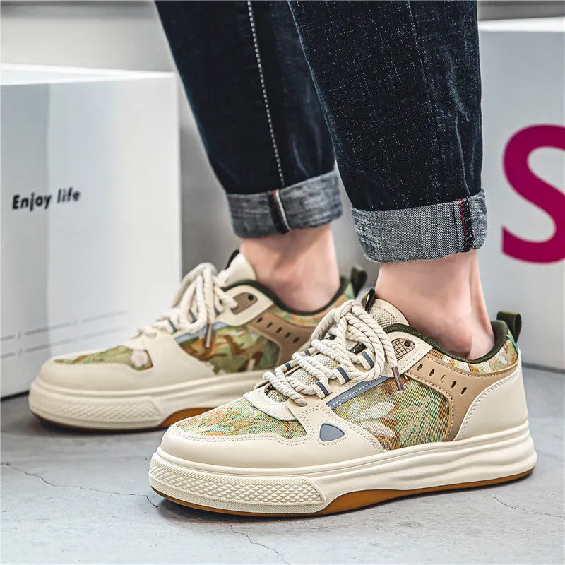 Casual flat-heel canvas shoes in beige and Milan green colours, showing round toe design.