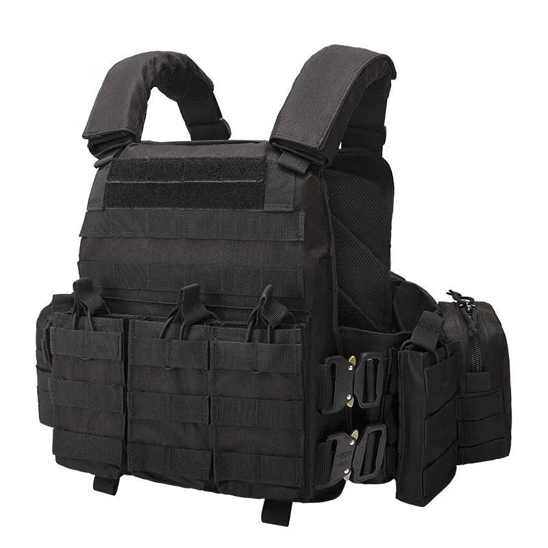 Men's camouflage polyester tactical vest shown in jungle camouflage pattern, designed for outdoor training.