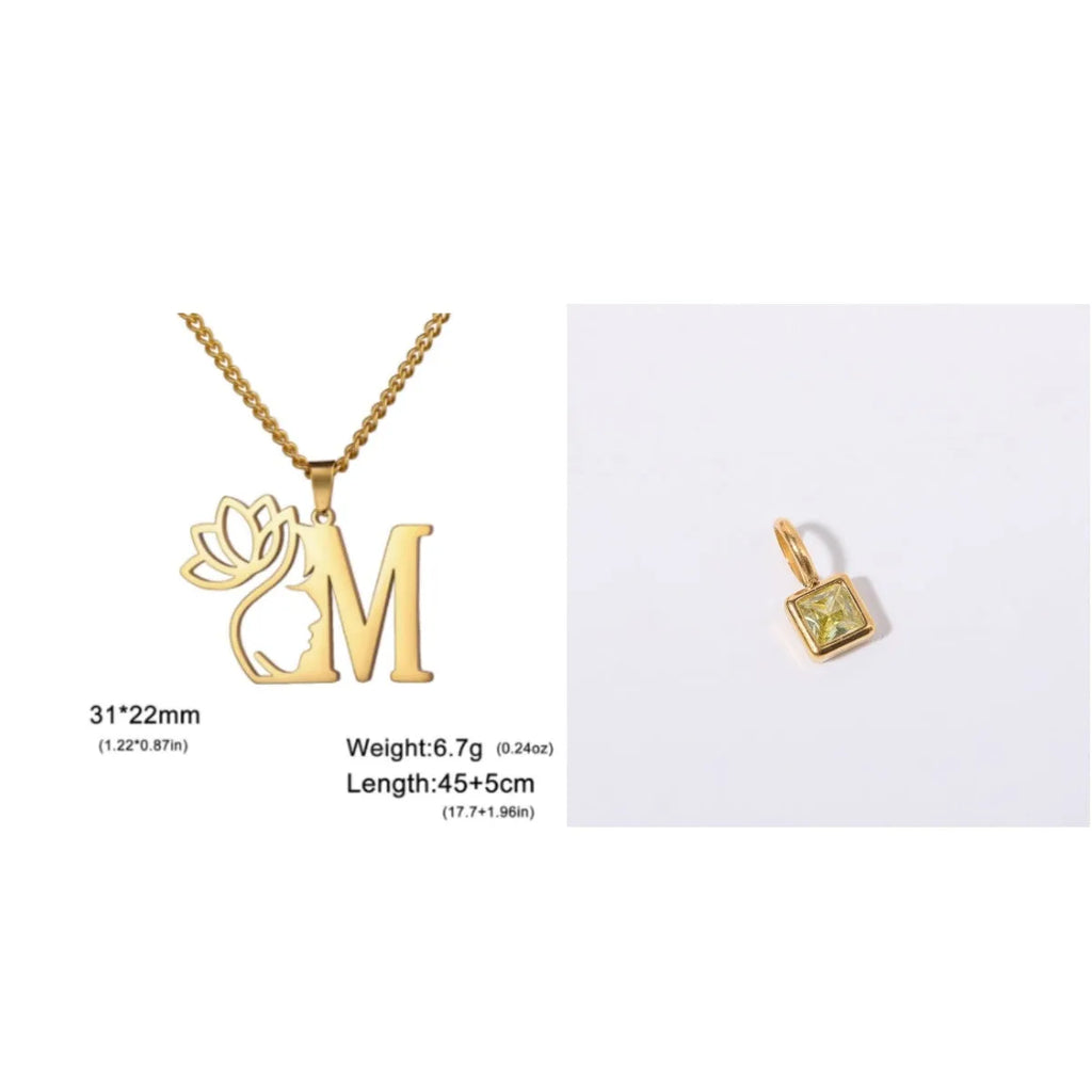 Gold electroplated stainless steel necklace with a cross chain and a letter 'A' pendant on a white background.