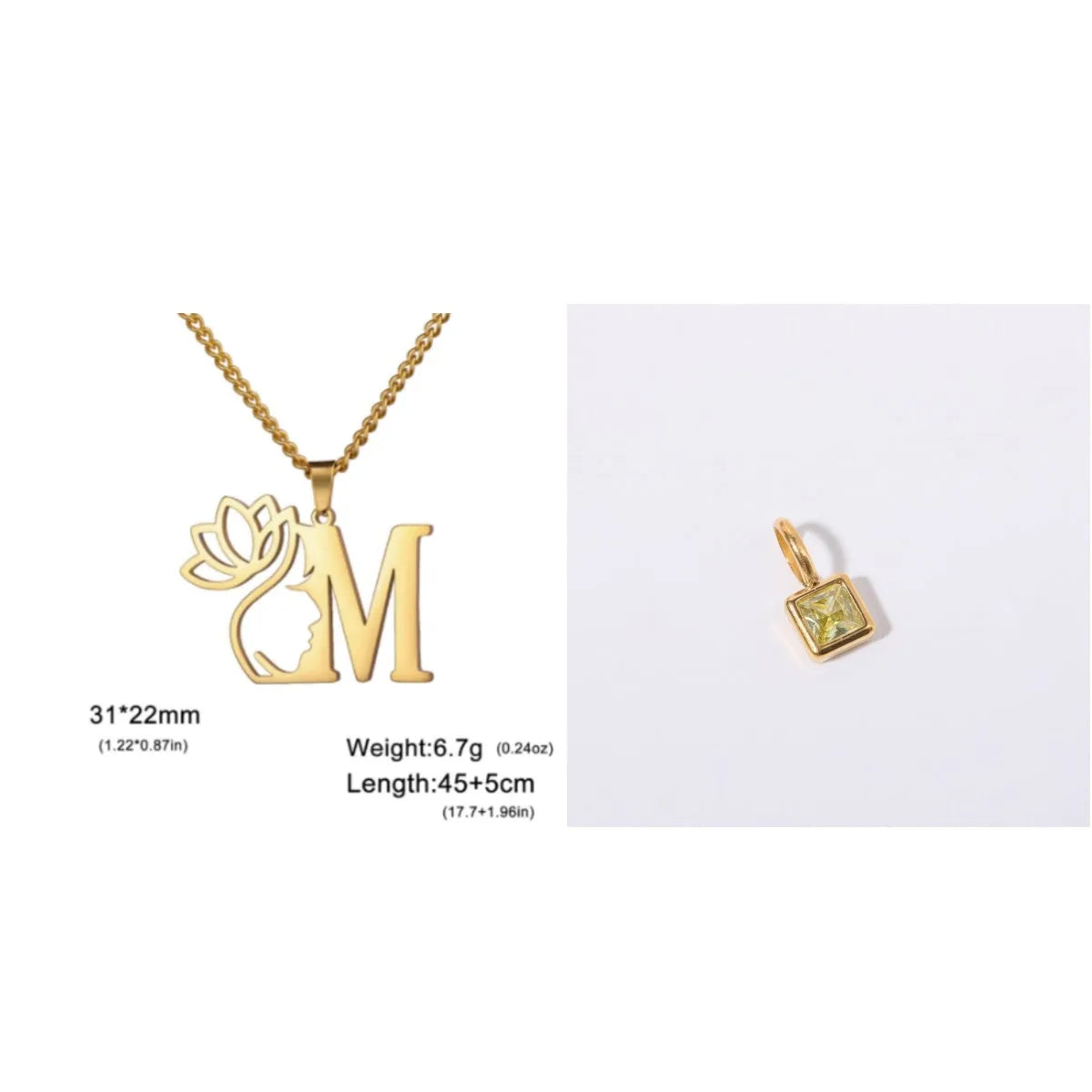 Gold electroplated stainless steel necklace with a cross chain and a letter 'A' pendant on a white background.