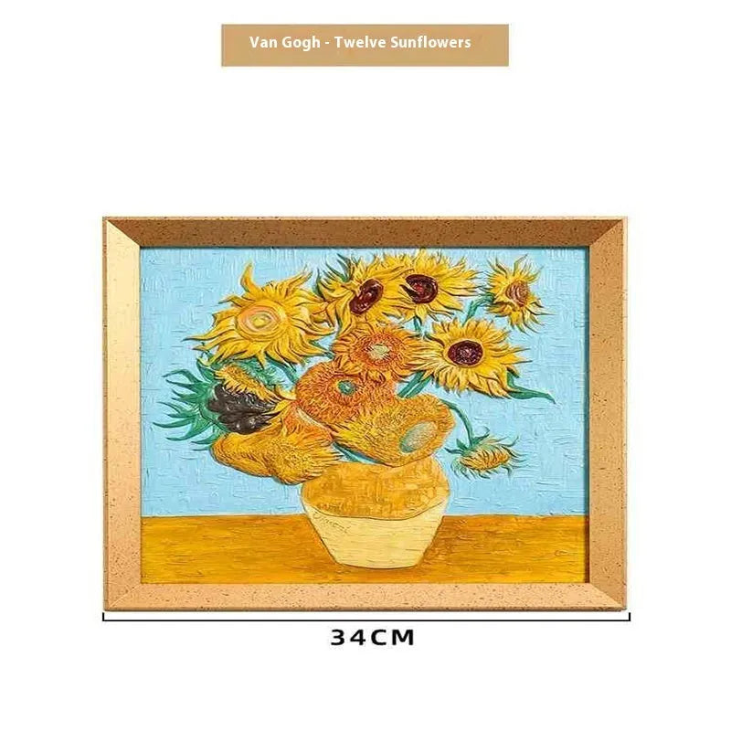 DIY hand drawn oil painting kit showing epoxy pottery base, propylene paints, brushes, and a completed framed Van Gogh 'Starry Night' example.