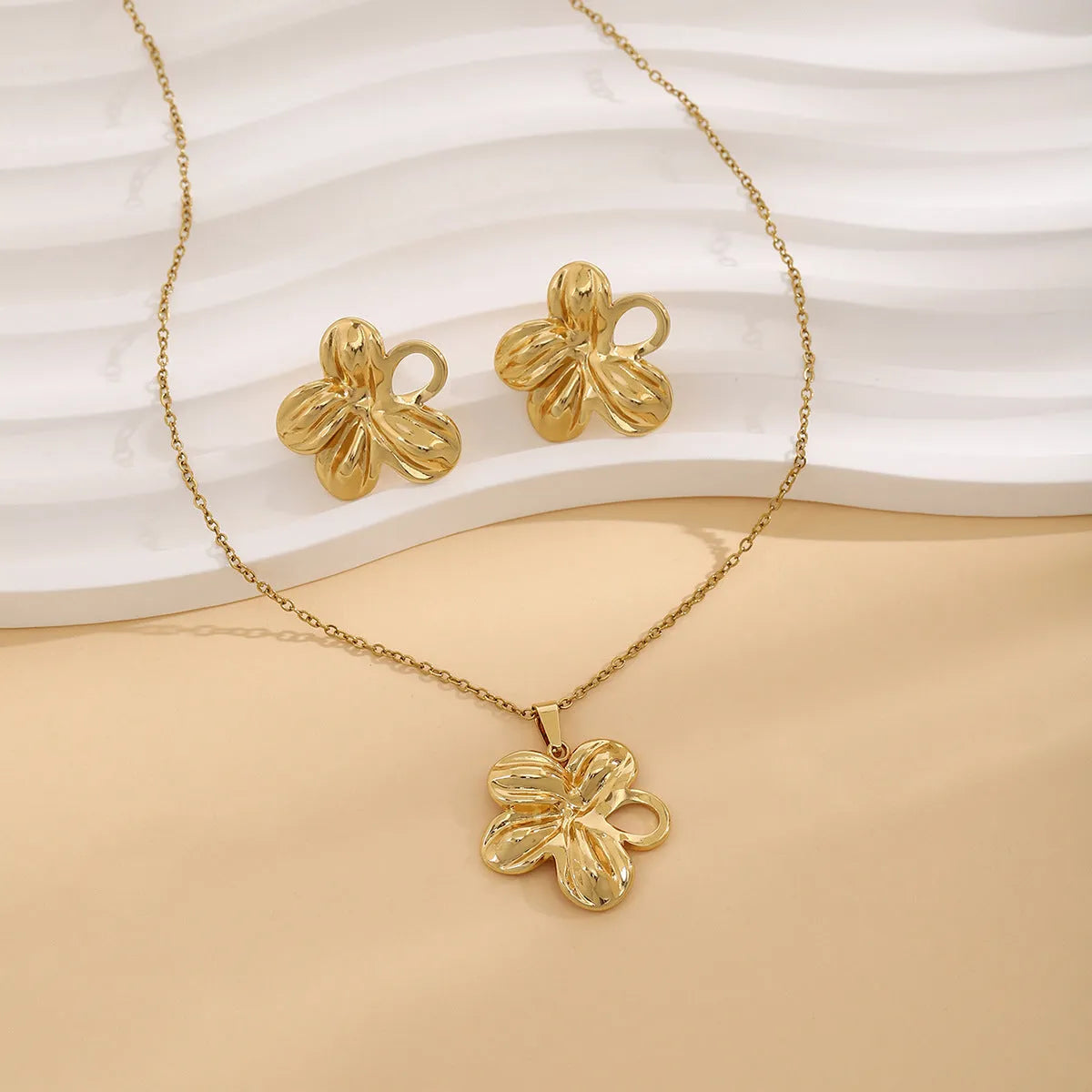 Geometric leaves texture flower love heart earrings and necklace set with stainless steel pendant and regular chain