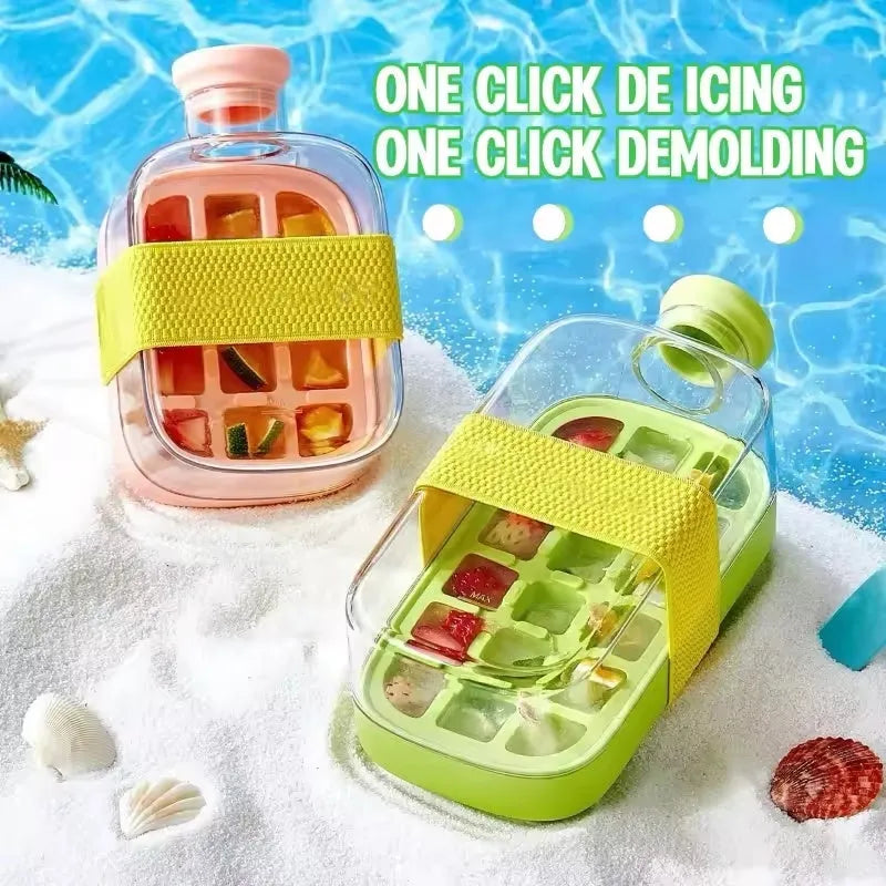 One-click molding cooling cup with straw in green with straps, 500ml capacity