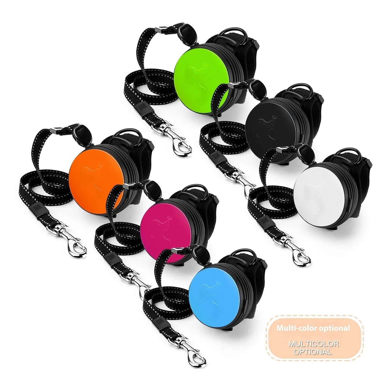 Automatic retractable dog leash with handle in a choice of six colours, extended on a 3m nylon cord.
