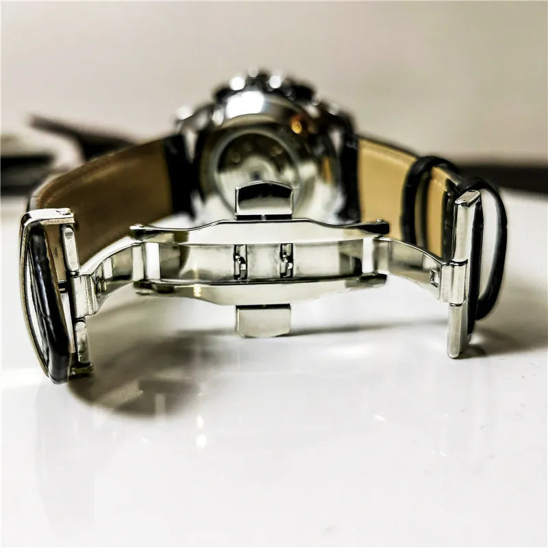 Men's automatic mechanical watch with a casual design on a wrist, showing a silver case and white dial option.