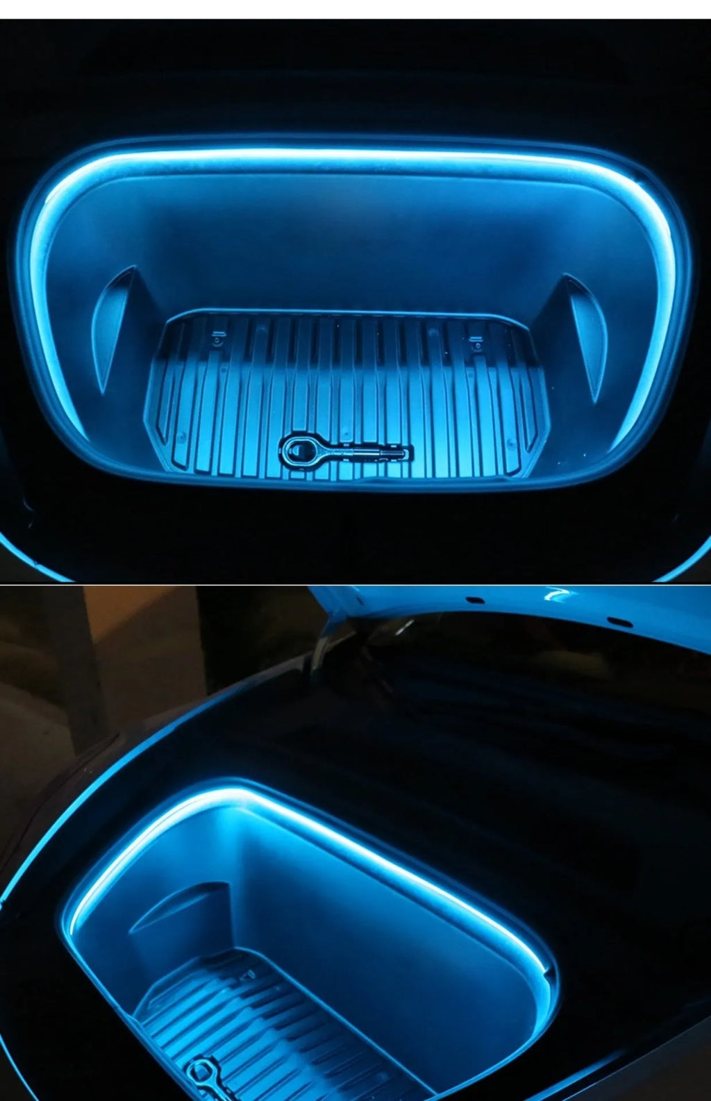 Tesla Model 3 and Y front centre console ambient lighting kit in soft silicone with three colour options.