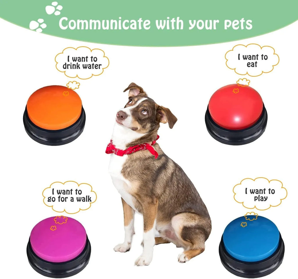 Colourful voice recording button for dog training with record and playback function.