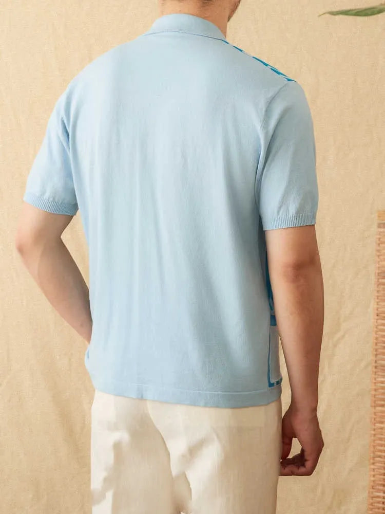 Short-sleeved striped polo shirt with a lapel collar in a light blue colour.