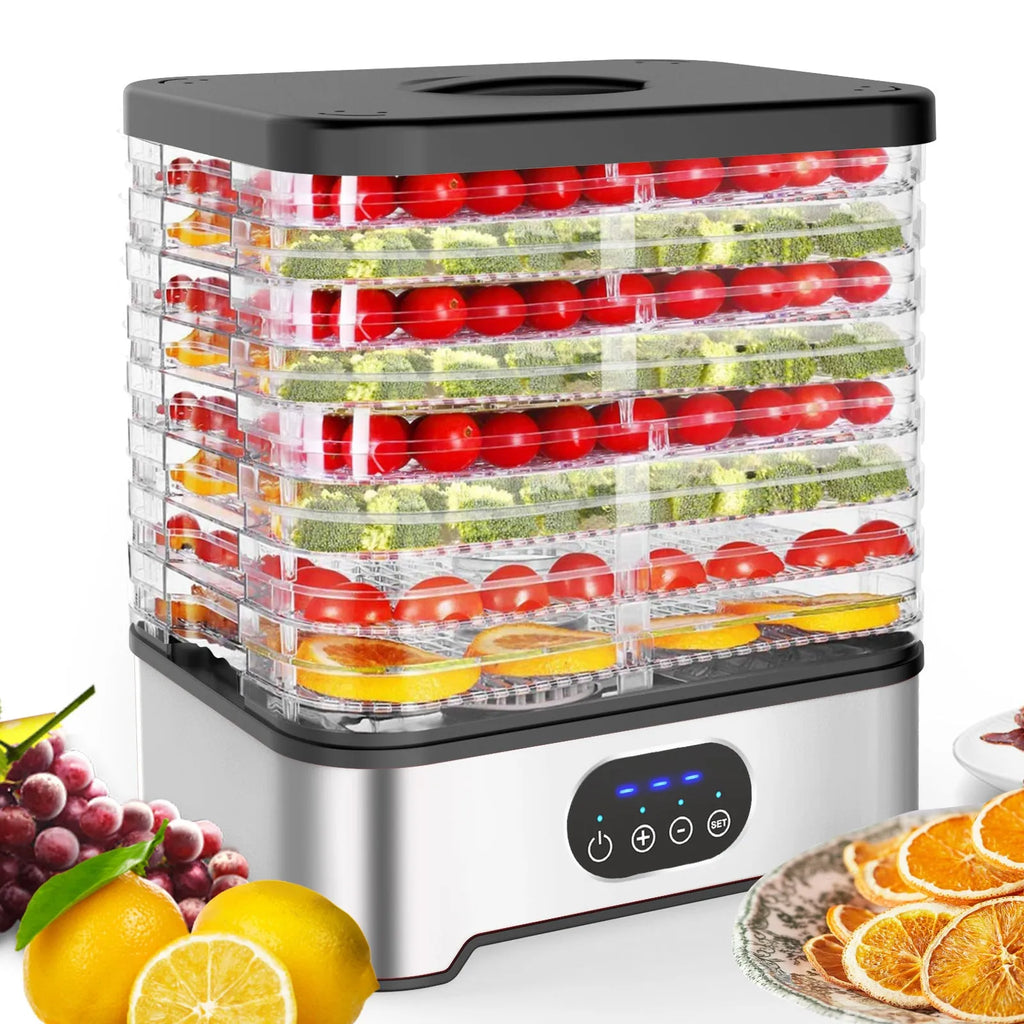 Silver and red household food dehydrator with 8 stacking trays, showing compact design and control panel.