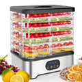 Silver and red household food dehydrator with 8 stacking trays, showing compact design and control panel.
