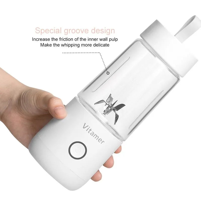 White portable USB blender bottle with 350ml Tritan cup and silicone lifting ring