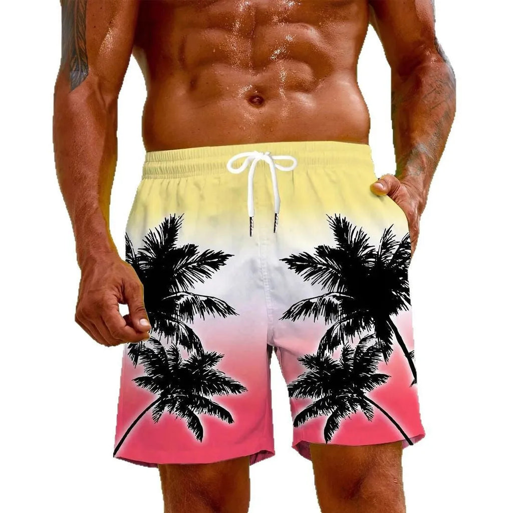 Men's quick-dry polyester swimming trunks in a blue colour, showing elastic waistband and pocket detail.