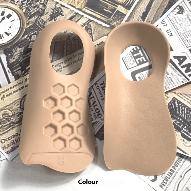 White, black, and skin colour arch support insoles for varus correction, showing TPR material and S/L arch sizes.