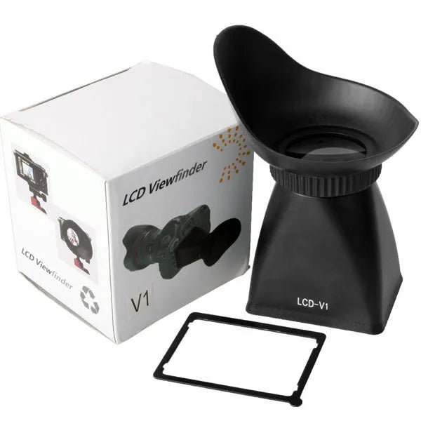 Black camera LCD viewfinder magnifier attached to a DSLR, showing 180-degree rotation.