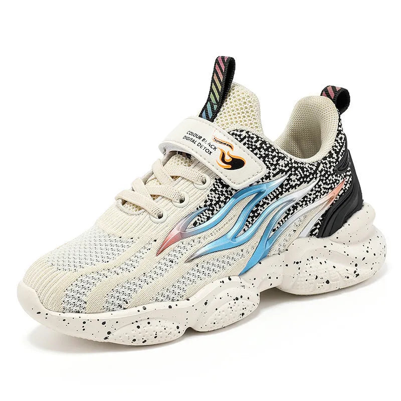 Boys' sneakers in mesh and textile with anti-slip rubber sole, shown in beige, black gold, and black red colour options.